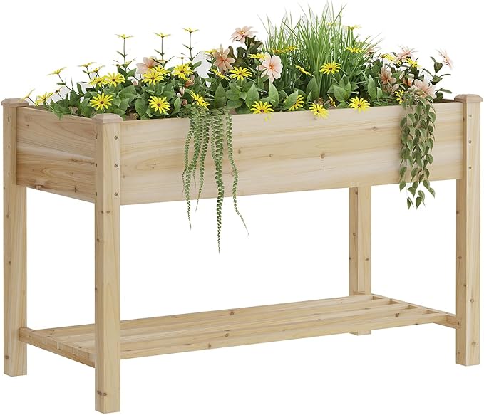 Raised Garden Bed with Legs, Wooden Planter Box with Storage Shelf, Elevated Wood Planter Box for Vegetables Flowers Herbs, Garden Planter for Backyard, Patio, Balcony, 48x24x30.7inch (Natural, M)