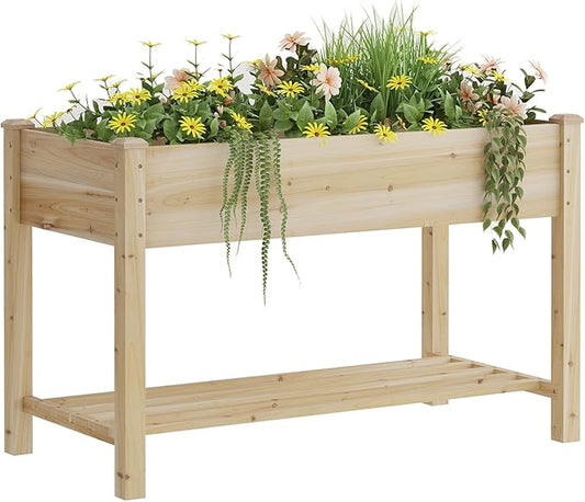 Raised Garden Bed with Legs, Wooden Planter Box with Storage Shelf, Elevated Wood Planter Box for Vegetables Flowers Herbs, Garden Planter for Backyard, Patio, Balcony, 48x24x30.7inch (Natural, M)