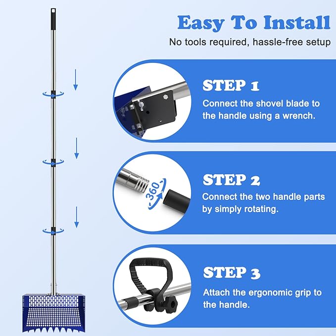 Chicken Poop Scooper, 12 Inch Large Sifting Shovel with Rake Head, 22-64" Extendable Stainless Steel Handle, 3-Angle Professional Poultry Litter Cleaner for Chicken Coop, Duck, Goat & Sand