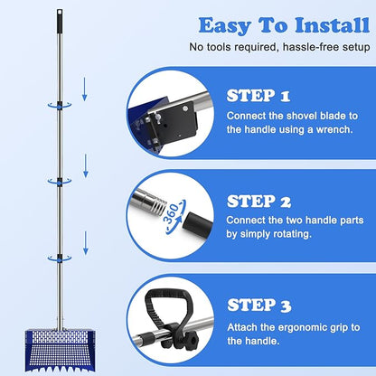 Chicken Poop Scooper, 12 Inch Large Sifting Shovel with Rake Head, 22-64" Extendable Stainless Steel Handle, 3-Angle Professional Poultry Litter Cleaner for Chicken Coop, Duck, Goat & Sand