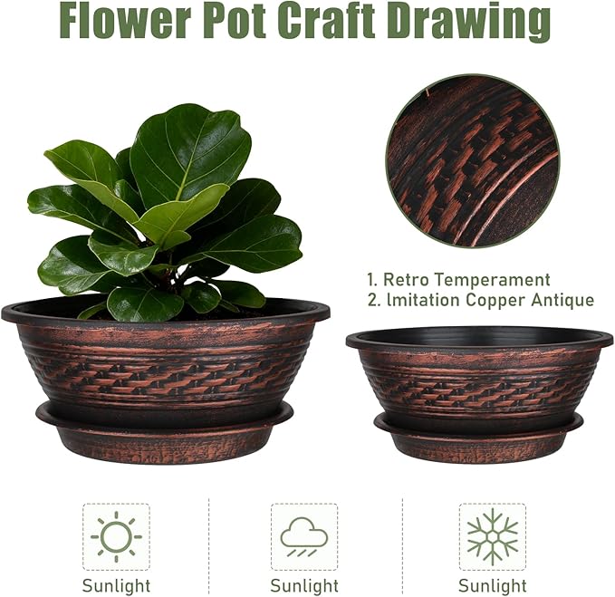 NIKONIKO 12 Inch Plant Pots, 6-Pack Plastic Woven Look Ripples Planters with Drain Holes & Trays, Retro Design Flower Pots for Indoor and Outdoor Plants