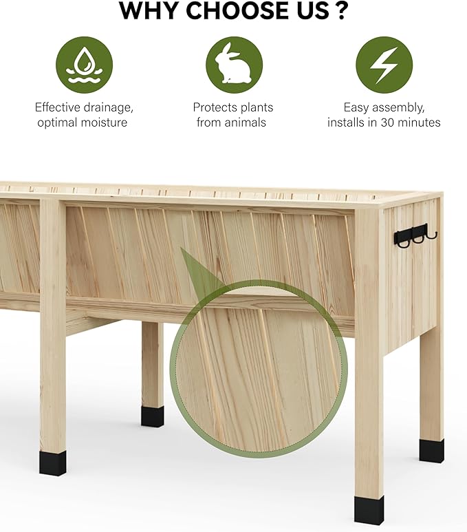 GarveeHome Hooks for 6X2X2.5 ft Raised Garden Bed, Wooden Raised Planter Box Outdoor for Growing Vegetables and Herbs, Depth 13.7 Inch，Planter Raised Beds-Natural