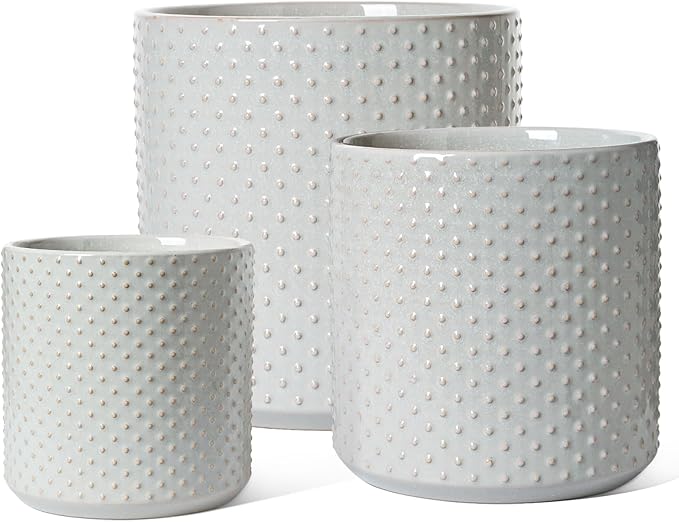 LE TAUCI Ceramic Pots for Plants, 10/8/6 Inch Indoor Planters with Draiange Hole, Silicone Plug & Mesh Pad, Modern Rasied-Dots Pots for Home Office, Set of 3, Glossy, Star Gray