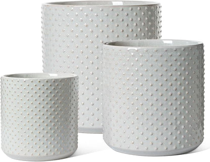 LE TAUCI Ceramic Pots for Plants, 10/8/6 Inch Indoor Planters with Draiange Hole, Silicone Plug & Mesh Pad, Modern Rasied-Dots Pots for Home Office, Set of 3, Glossy, Star Gray
