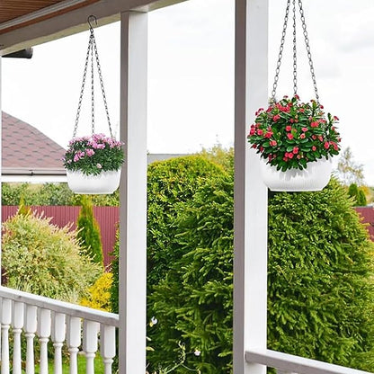 White Hanging Planters for Indoor Outdoor Plants, Set of 2 8.8 Inch Self-Watering Hanging Pots with Drainage Hole & Plug II Screw-in Hooks II