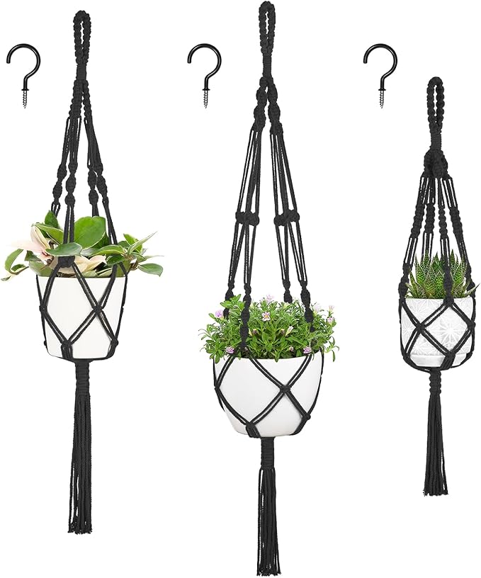 Mkono 3 Pack Macrame Plant Hangers, Different Sizes Hanging Planters Indoor Basket Decorative Flower Pots Holder Stand Boho Home Decor, Black