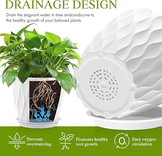 Plastic Plant 8 Inch, 4 Pack with Drainage Holes & Saucers, Water Wave Decorative Plant Pots for Indoor Outdoor Plants, Patio, Garden, Home Decor (4, White)