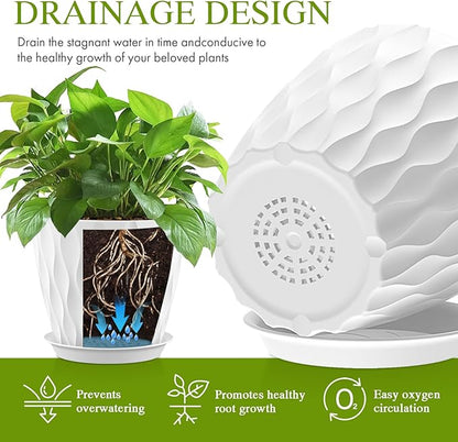 Plastic Plant 8 Inch, 4 Pack with Drainage Holes & Saucers, Water Wave Decorative Plant Pots for Indoor Outdoor Plants, Patio, Garden, Home Decor (4, White)