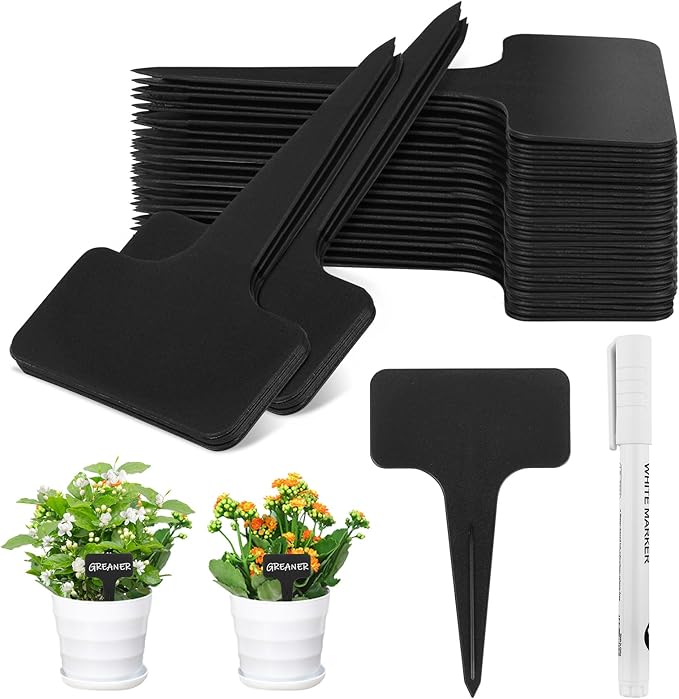 Greaner T-Type Plant Name Tags, 4 Inch 100 PCS Garden Labels Markers for Outdoor Garden Waterproof, Plastic Plant Tags for Indoor Outdoor Pots with A Pen(Black)