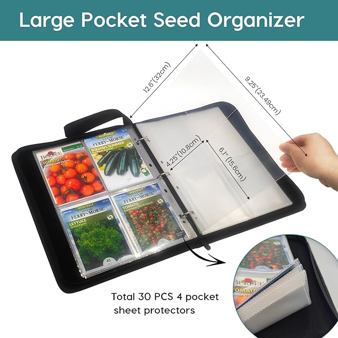 Zippered Seed Storage Organizer Binder with Handle, Gardening Seed Saving Kit, Holds 120+ Seed Envelopes, Fit Flower, Plant and Vegetable for Seed Packets