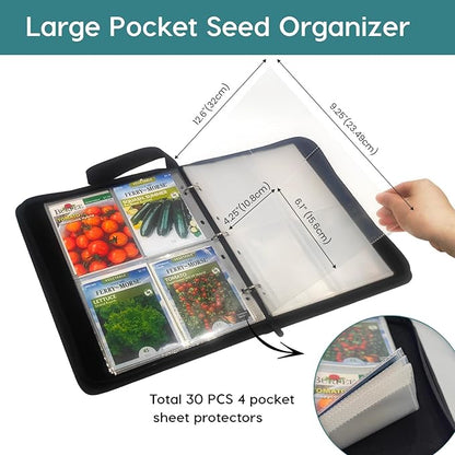 Zippered Seed Storage Organizer Binder with Handle, Gardening Seed Saving Kit, Holds 120+ Seed Envelopes, Fit Flower, Plant and Vegetable for Seed Packets
