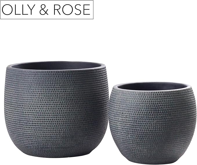 Olly & Rose Barcelona Ceramic Plant Pot Set 2 - Black Flower Pots 7" and 5.5" - Indoor & Outdoor Planters (Black)