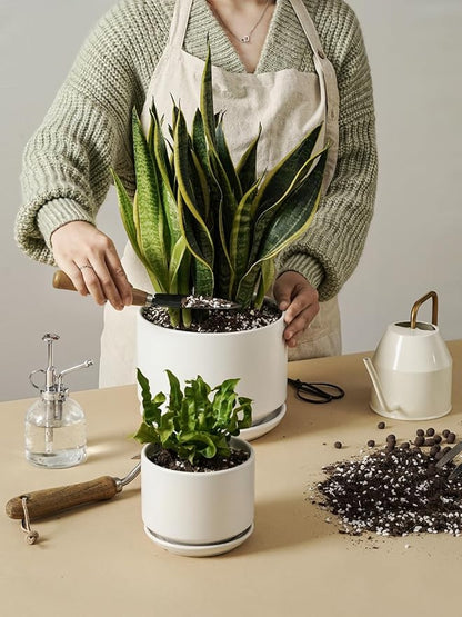 LE TAUCI Ceramic Plant Pots, Set of 2, 8+10 Inch Plant Pots Indoor with Drainage Hole & Saucer, Sturdy Planters for Indoor Plants, Modern Minimalist Decor for Snake Plant, Monstera, White