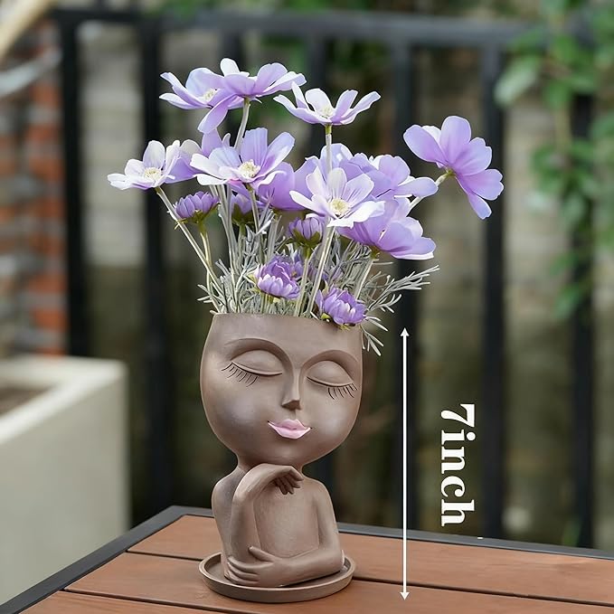 1 PCS Face Planter Pot Cute Lady Face Resin Succulent Planters with Drainage Holes Indoor Outdoor Coffee Table and Garden Balcony Decor Gift IdeaI for Mother Christmas (Brown)