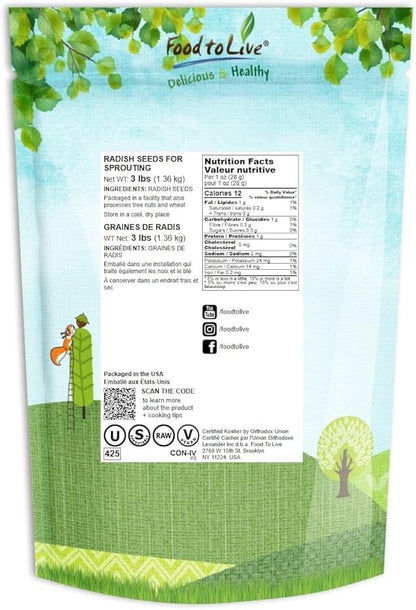 Food to Live - Radish Seeds for Sprouting, 3 Pounds Edible Seeds, Pure, Vegan, Kosher, Bulk. Rich in Vitamin C. High Germitation Rate. Grow Sprouts, and Microgreens for Salad, Sandwiches, Rolls.
