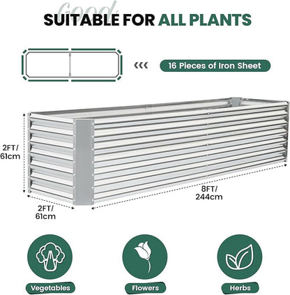 G GOOD GAIN 8x2x2 ft Galvanized Raised Garden Bed Kit, Large Metal Planter Box Outdoor for Vegetables, Flowers, Herbs, 24" Tall 240 Gallon Capacity Deep Root Design, Silver
