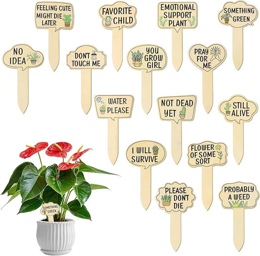 15pcs Garden Plant Markers, Wooden Plant Signs, Funny Plants Stakes, Plants Labels Tab Cute Words Patterns Garden Tags for Indoor Outdoor Patio Home Decoration Gifts
