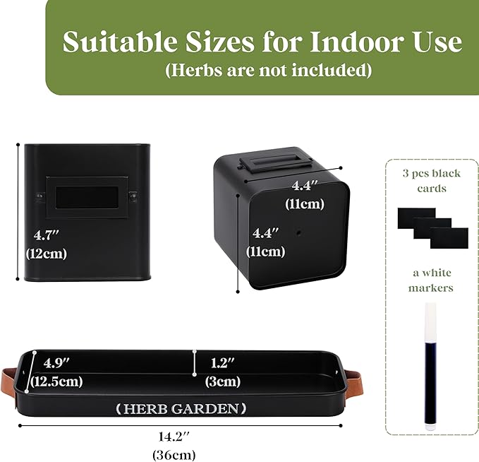 PERFNIQUE Indoor Herb Garden, Herb Planter Set with Tray, Farmhouse Indoor Plant Pots, Windowsill Herb Garden with Drainage(Planter only) for Indoor/Outdoor, Window Pots(Matte Black)