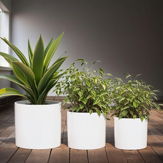 Fox & Fern Matte White Plant Pots with Drainage Plug (Set of 3) — Premium Lightweight Fiberstone 8, 10, and 12 Inch Planters for Indoor and Outdoor Use - Weather Resistant & UV Resistant