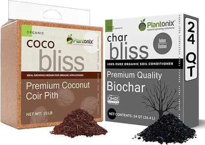 Coco Bliss (10lbs) + Char Bliss (24 Qts) - Coco Coir Brick & Organic Biochar for Plants - Organic Coco Coir for Plants - Biochar Soil Amendment - Charcoal for Plants - Garden Soil & Potting Soil Mix