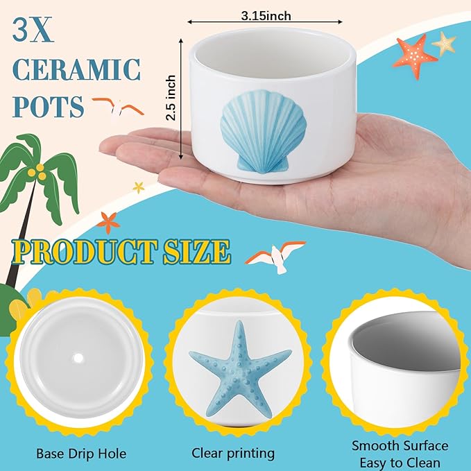 3 Pcs Decor Gift for Women Planter Ceramic Gift Animal Plant Pot with Bamboo Tray for Office Home Farm House Bathroom Kitchen Christmas Decorations (No Plants Included)(Ocean)