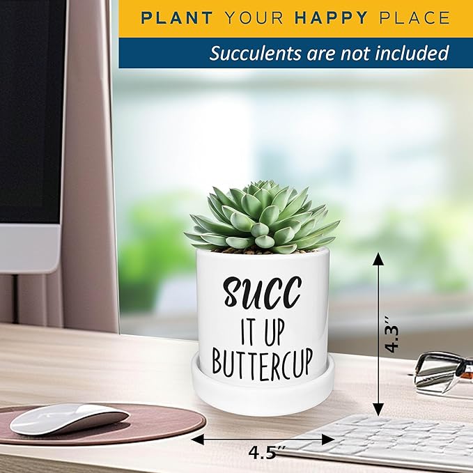Funny Succulent Planter - SUCC it Up Buttercup, Cute Ceramic Office Plant Pot with Drainage Hole & Ceramic Tray - 4.3'' Deeper Design