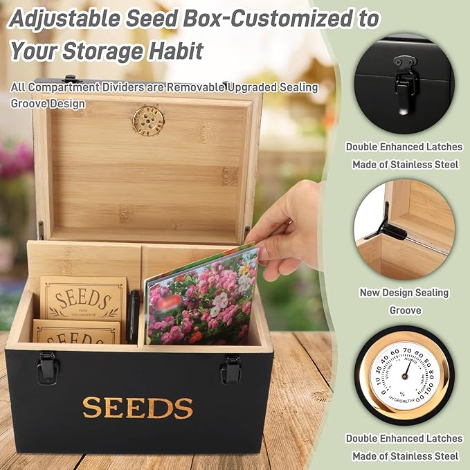 Professional-Designed Bamboo Seed Storage Box with Built-in Hygrometer, Double-Layer Airtight Lid and Safety Lock, Temperature-Stable Wooden Seed Organizer for Preservation, Great Gifts for Gardener