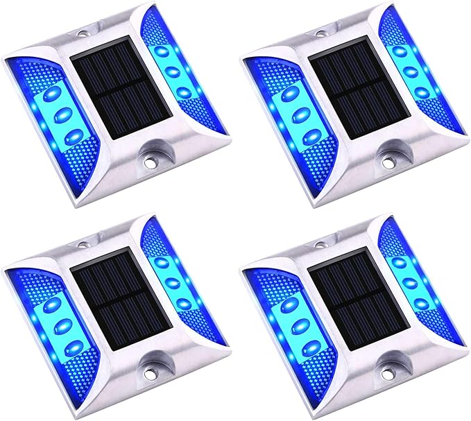 Aolyty Solar Driveway Dock Lights, IP68 Waterproof Solar Deck Light Outdoor Warning Step Lights Reflective Road Marker for Sidewalk Stair Garden Pathway Walkway (4 Pack, Blue)