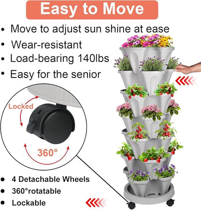 GameXcel Vertical Planter 7 Tier Stackable Planters Garden Planters Strawberry Herb Flower and Vegetable Planter Indoor Outdoor Gardening Pots with Removable Wheels and Tools