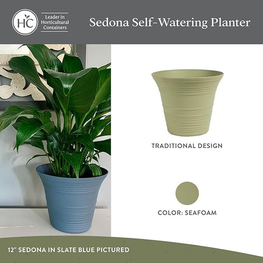 The HC Companies Sedona Round Self-Watering Pot - Lightweight Self Care Planter - Plastic Planter for Herbs & More - Durable Plant Pots for Indoor Plants & Outdoor Plants (12" Seafoam, Pack of 1)