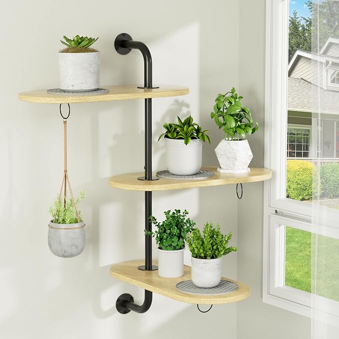 Rotating Window Plant Shelves with 3 Anti-slip Mats, 3 Tier Plant Stand Indoor Outdoor, Wooden Window Plant Shelf with 3 Circle Hook, Hanging Plant Holder for Window, Potted Plants, Flowerpots (Oak Color, 3 Tier)