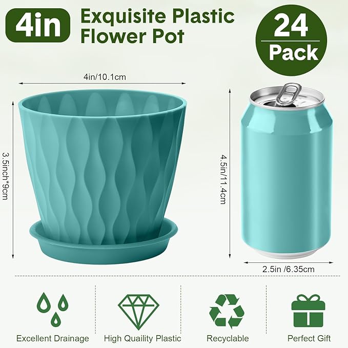 24 Pack 4 Inch Plant Pots Bulk Small Pots for Succulents Waffle Texture Plastic Planter with Drainage Holes and Saucers for Indoor Outdoor Plants Flowers, Seedlings (Multiple Colors)
