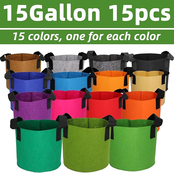 Grow Bags,Growing Pot Bags Garden Grow Bag Indoor Outdoor Fabric Aeration Plant Pot Container Flower Vegetable Pouch (Mixed 15colors,15Gallon)