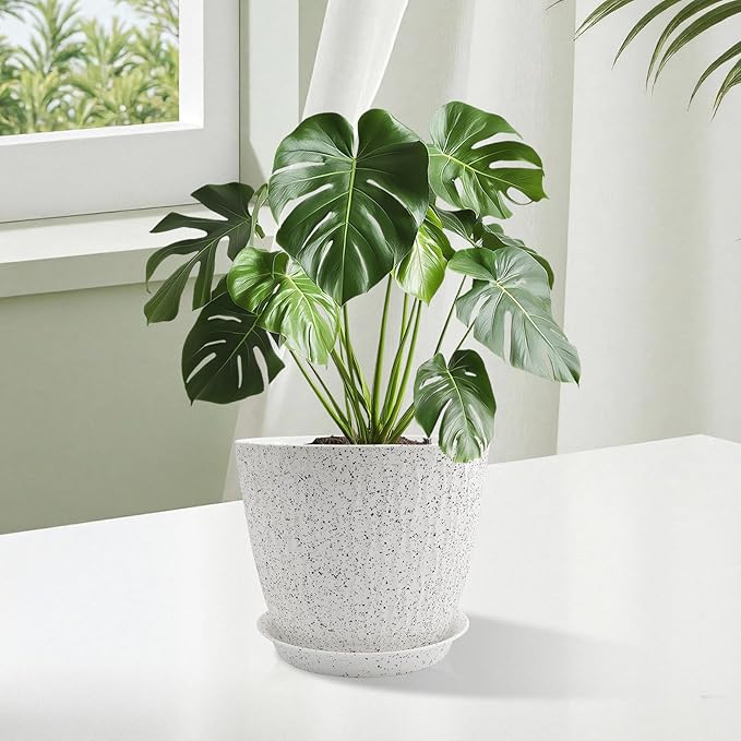 8/7/6 inch Plant Pots, 3 Pack Flower Pots for Outdoor Indoor Garden Plants, Large Planters with Multi Mesh Drainage Holes and Saucer (Speckled White, 8"+7"+6")