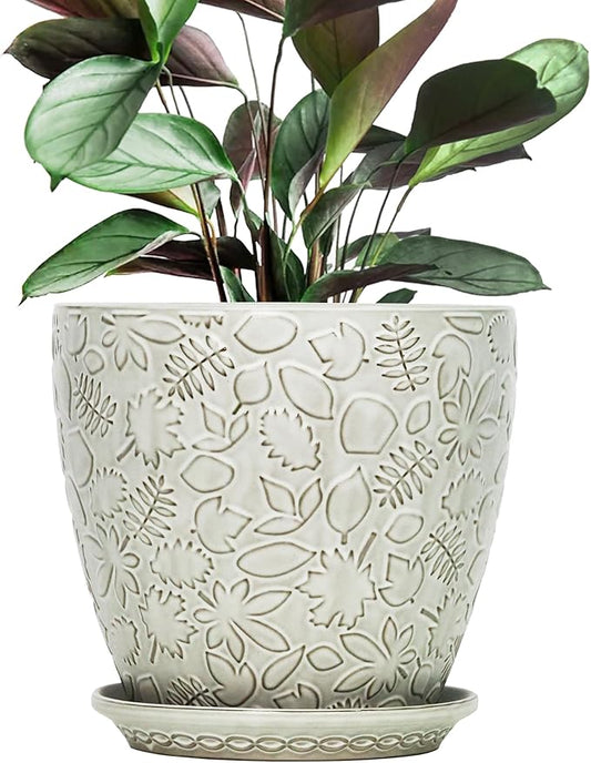 10inch Retro Ceramic Planter with Drainage Hole and Saucer for Multiple Plants, Indoor-Outdoor Garden Pots for Succulent, Orchid, and Flower (Fits Inner Pots Up to 9 Inch, Retro White)