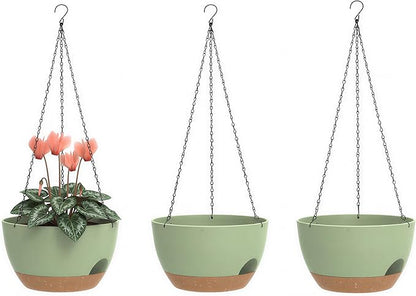 Hanging Planters 3-Pack, 8 Inch Self-Watering Hanging Pots with Drainage Hole and Chains, Plastic Planters for Indoor Outdoor（Green Brown）