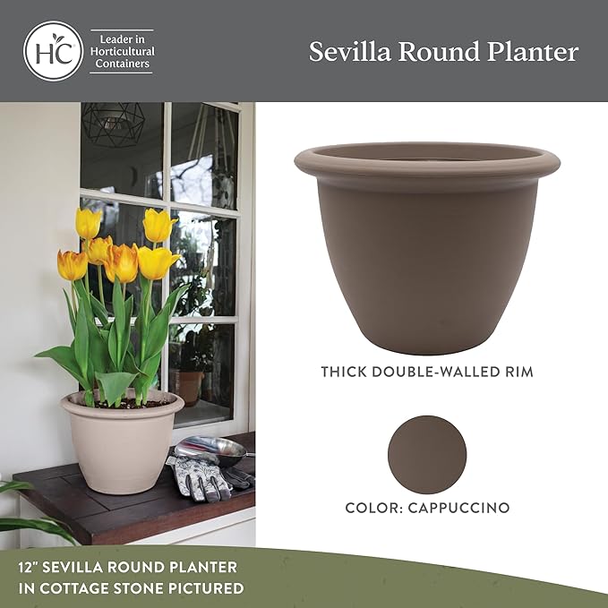 The HC Companies Sevilla Flower Planters - Durable Outdoor & Indoor Planter - Round Lightweight Self Watering Plant Pots for Herbs & More (14" Cappuccino, Pack of 1)