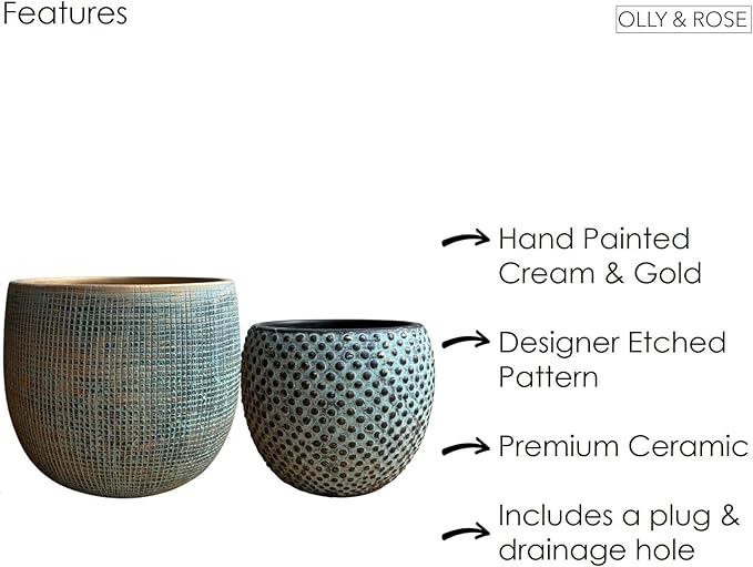 Olly & Rose Bali Ceramic Green Gold Plant Pot Set 2-6.8" and 5.5" Indoor Planters Cement Outdoor Flower Pots