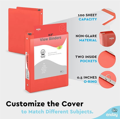 ½ Inch 3 Ring Binder .5 inch Red Clear View Cover with 2 Inside Pockets, Colored School Supplies Office and Home Binders – by Enday