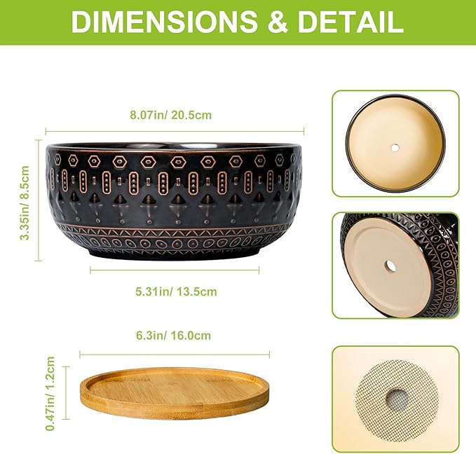 Bonsai Planter - 8 Inch Ceramic Pots for Plants Indoor, Shallow Round Succulent Bowl with Drainage Hole and Tray for Cactus, Boho Room Garden House Decor, Birthday Gifts, Black
