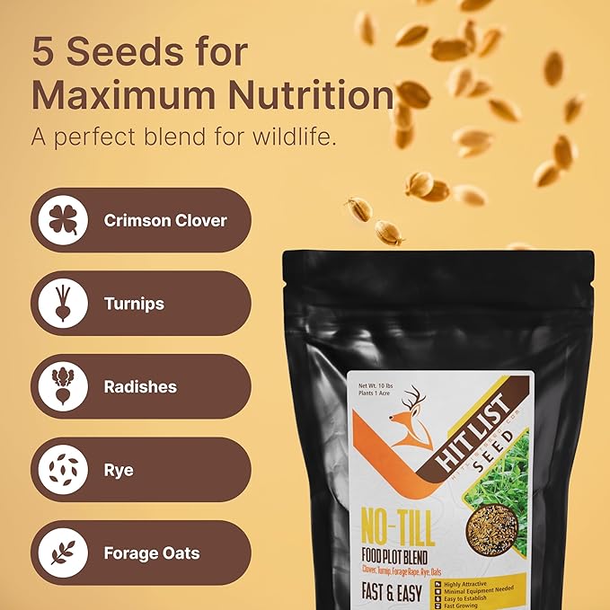 No Till Food Plot Seeds for Deer [Annual Mix] – Throw and Grow Food Mix – Deer Seed Blend with Clover, Rye, Turnip, Brassica, Oats – No Plow Planting – 5 lbs
