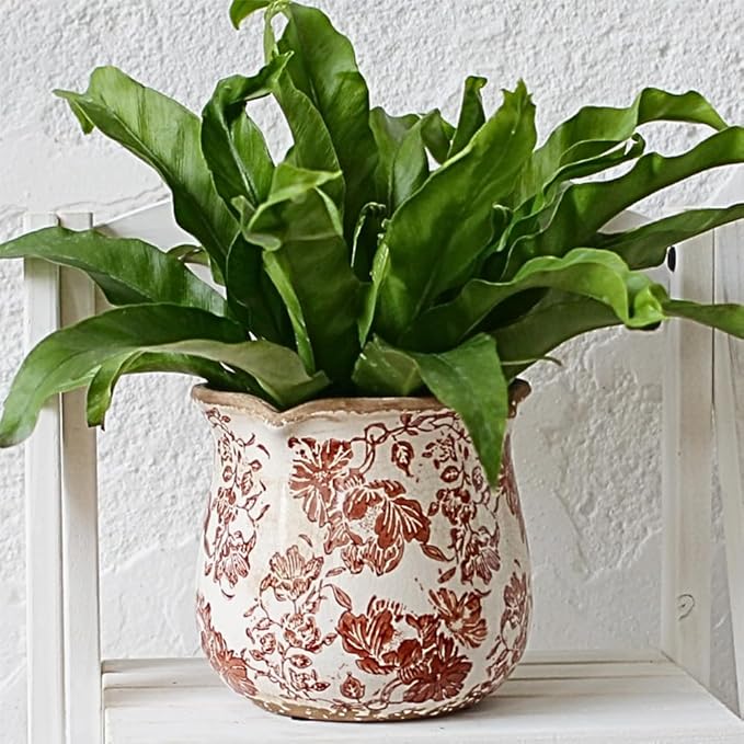 Country Farmhouse Planters for Spring Decor, 6.11 Inch Vintage Distressed Ceramic Plant Pot with Drainage for Indoor Plants, Terracotta Pots & Italian Tuscan Decor, Gardening Gifts (Red Flower)