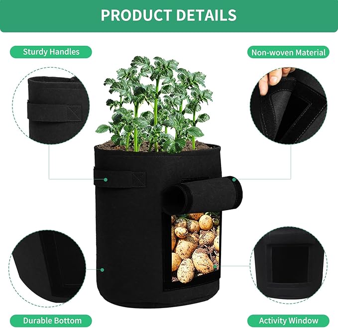 5-Pack 7 Gallon Grow Bags with Harvest Window 300g Thickened Nonwoven Fabric Heavy Duty Plant Pots Easy for Vegetables, Potato, Tomatoes Carrots Gardening Containers with Handles Black