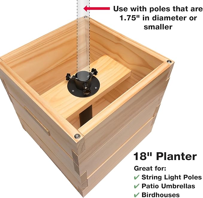 Extra Large Decorative Wooden Planter w/ Universal Pole Support for String Light Poles,Umbrellas,Bird Feeders. Solid Wood Outdoor Garden Box for Plants(Does not include Pole), 17"x17"x18", Natural