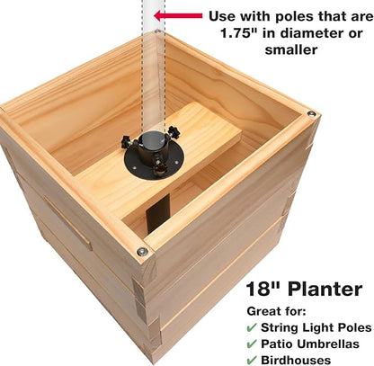 Extra Large Decorative Wooden Planter w/ Universal Pole Support for String Light Poles,Umbrellas,Bird Feeders. Solid Wood Outdoor Garden Box for Plants(Does not include Pole), 17"x17"x18", Natural