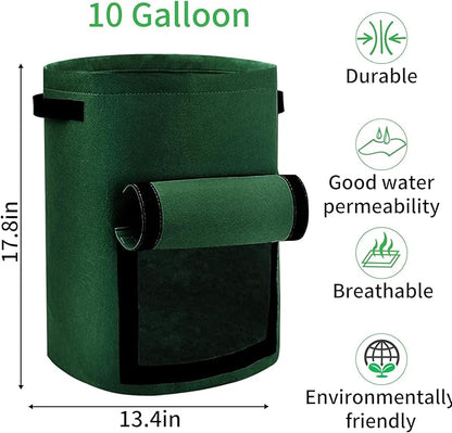 JJGoo 4 Pack Potato Grow Bags 10 Gallon with Flap, Heavy Duty Fabric with Handle and Harvest Window, Non-Woven Planter Pot Plant Garden Bags to Grow Vegetables Tomato, Blackish Green