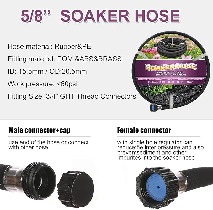 Soaker Hose 75ft - Garden Rubber Soaking Drip Hoses 5/8" Saving 70% Water Garden Hose, Drip Irrigation Round Hose for Lawn Yard, flower beds