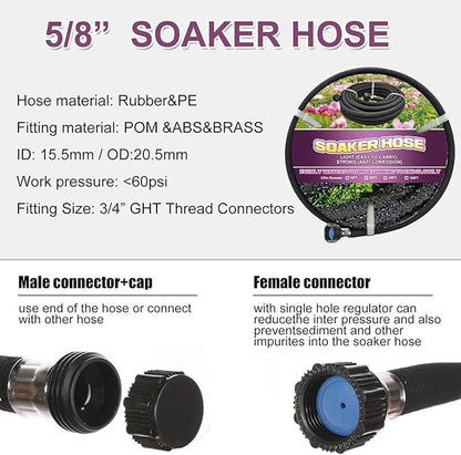 Soaker Hose 75ft - Garden Rubber Soaking Drip Hoses 5/8" Saving 70% Water Garden Hose, Drip Irrigation Round Hose for Lawn Yard, flower beds