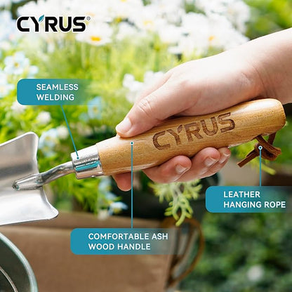 CYRUS Garden Shovel with Measurement Mark,Small Shovels for Gardening with Ash Wood Handle,12.4''Stainless Steel Hand Shovel Garden Spade Potting Soil Scoop for Gardening Planting,Transplanting