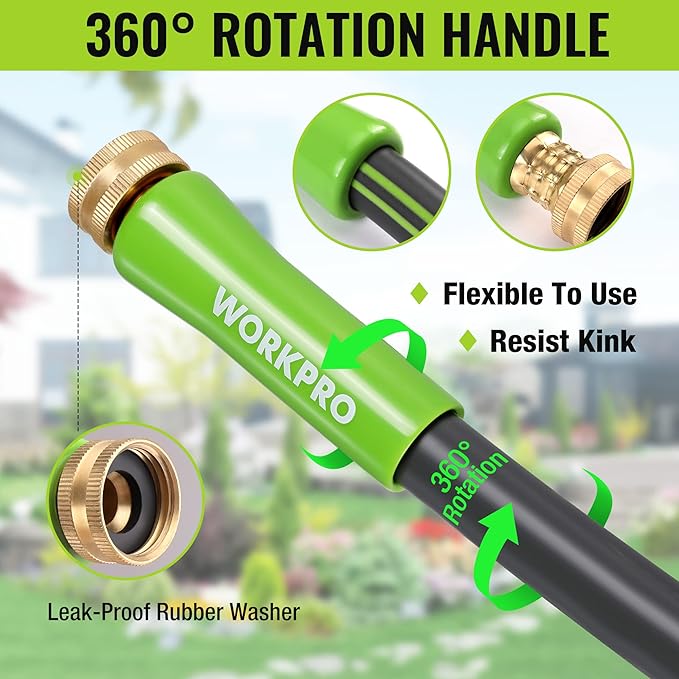 WORKPRO Garden Hose 5/8 IN x 10 FT, Heavy Duty, Flexible, Lightweight Water Hose with 360° Rotation Handle, 3/4" GHT Solid Brass Fittings, for Outdoor, Lawn, Garden & Yard, Car Wash
